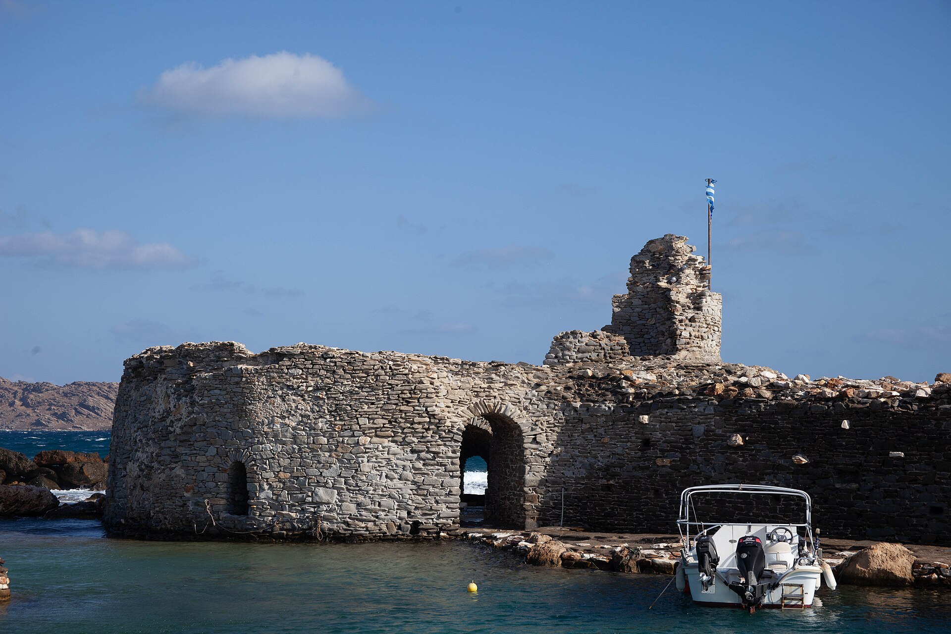 Venetian castle ruins at Naoussa harbour, Paros